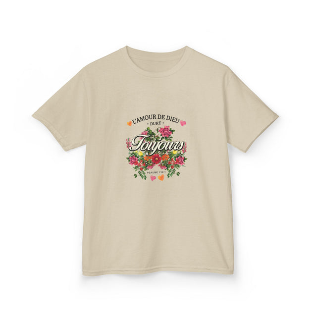 T-shirt beige pour enfant avec un motif floral et l'inscription L'Amour de Dieu dure toujours.