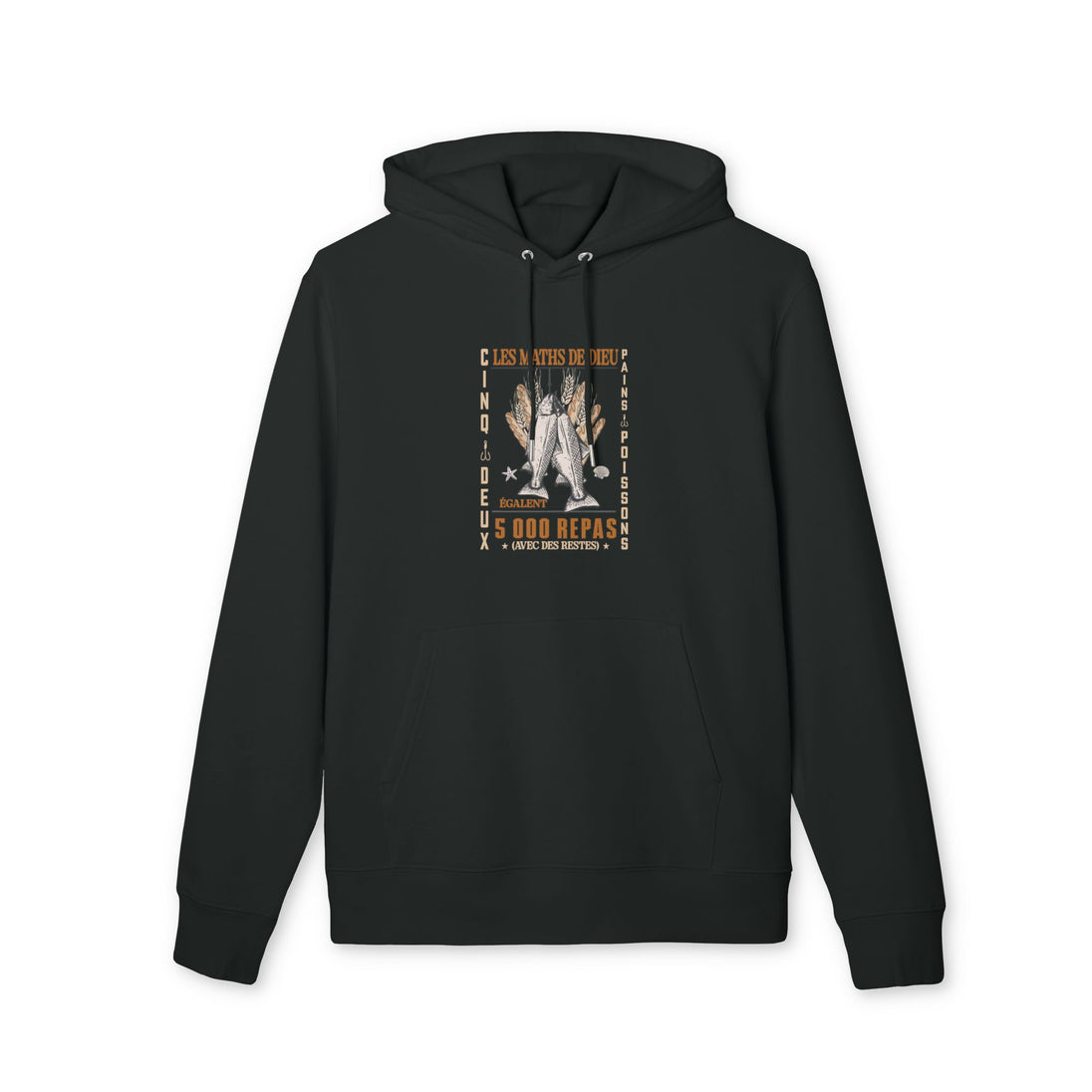 Sweat à capuche noir en coton bio avec une illustration chrétienne sur la poitrine.