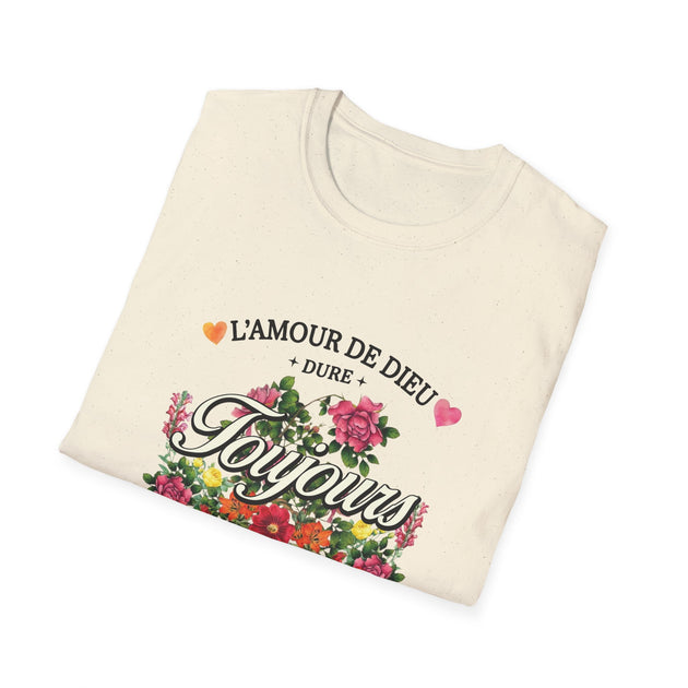 T-shirt beige en coton avec un motif floral et l'inscription L'Amour de Dieu Dure Toujours.