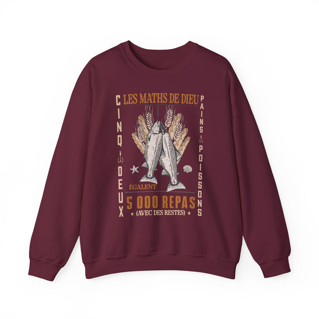 Sweat-shirt bordeaux à col rond avec une illustration vintage sur le thème biblique des pains.