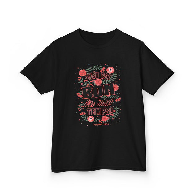 T-shirt noir pour enfant avec un motif floral et l'inscription Dieu est bon en tout temps.