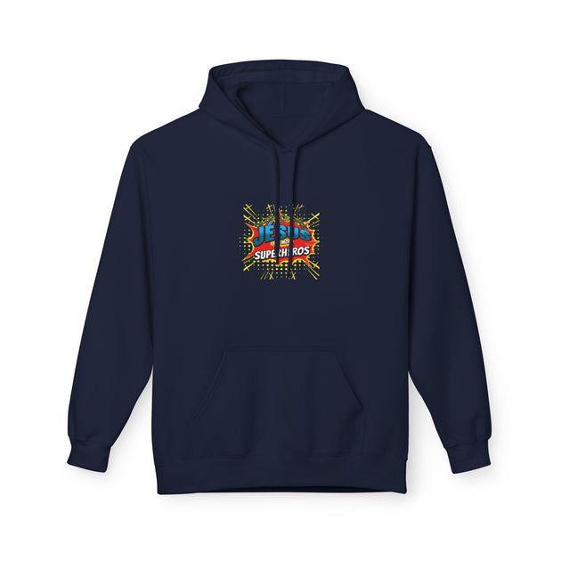 Sweat à capuche bleu marine avec un motif graphique coloré centré sur la poitrine.