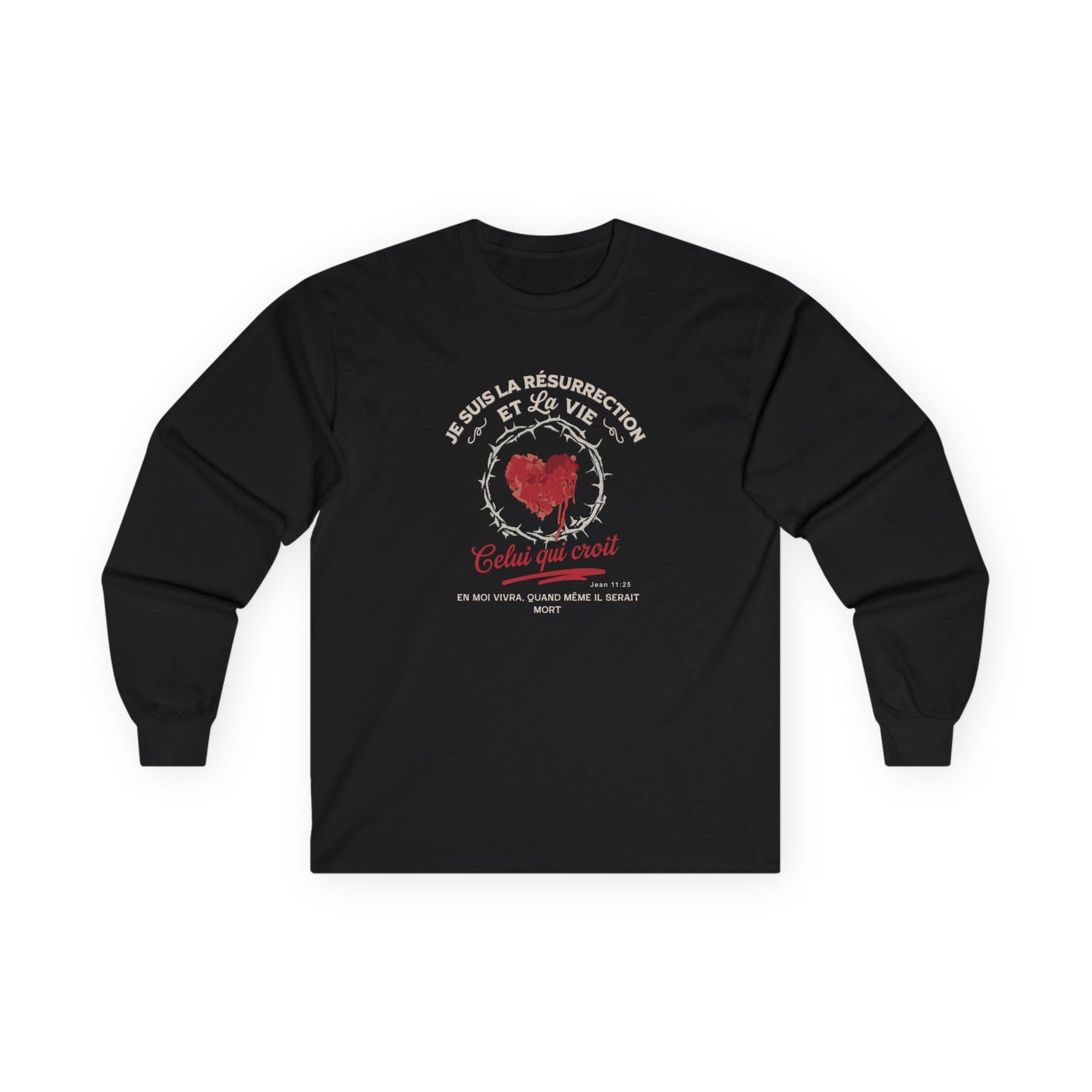 T-shirt noir à manches longues avec un motif de cœur entouré d'une couronne d'épines.