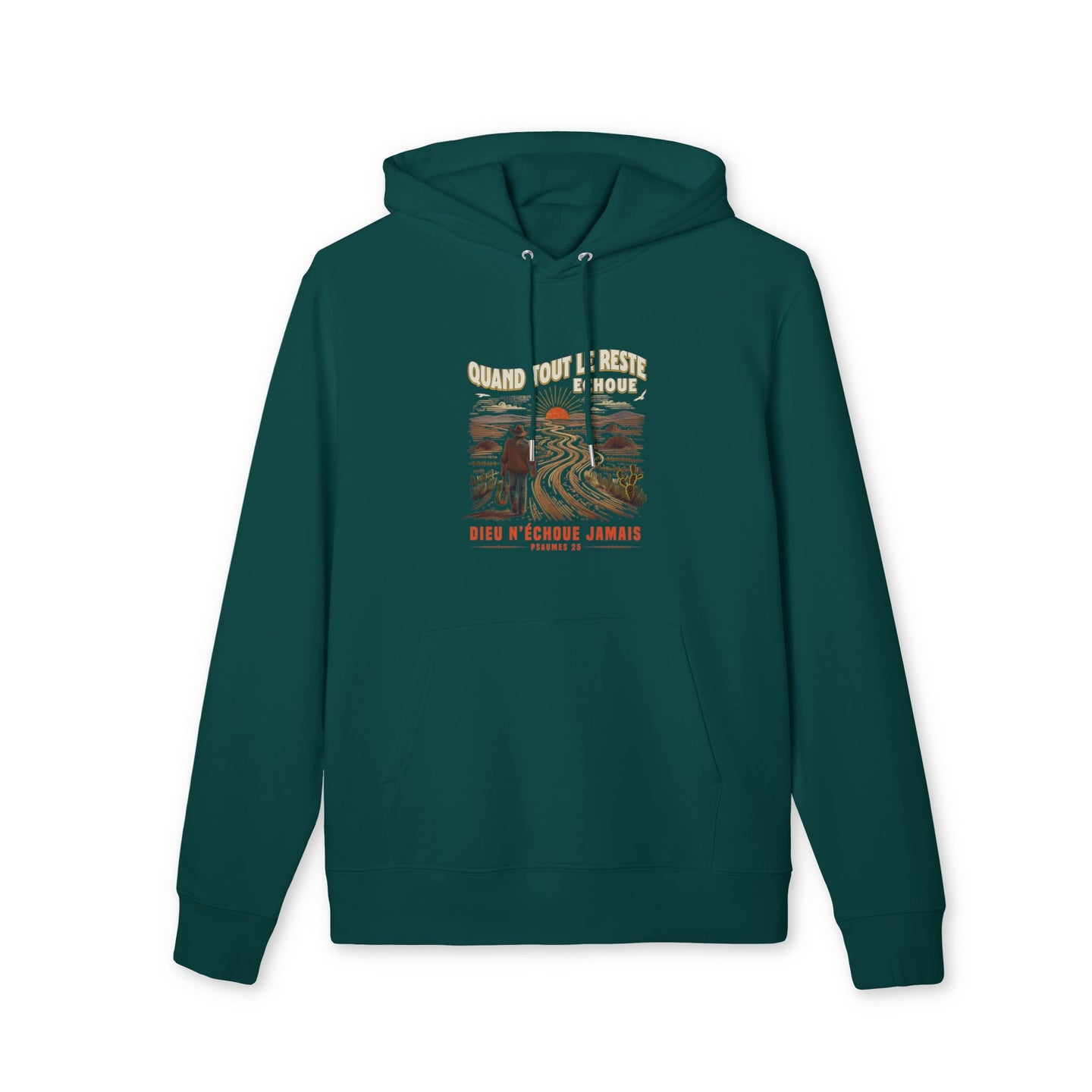 Sweat-shirt à capuche vert foncé avec une illustration de paysage et un texte religieux.