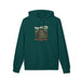 Sweat-shirt à capuche vert foncé avec une illustration de paysage et un texte religieux.