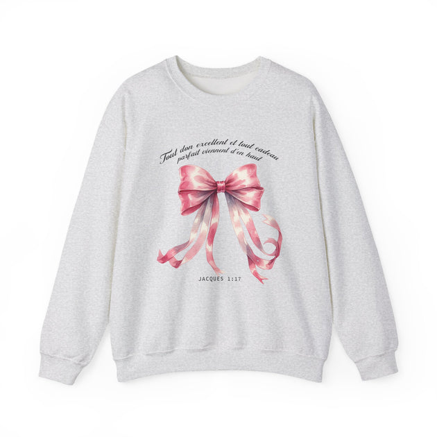 Sweat-shirt gris chiné avec un nœud rose aquarelle et le verset Jacques 1:17 imprimé.