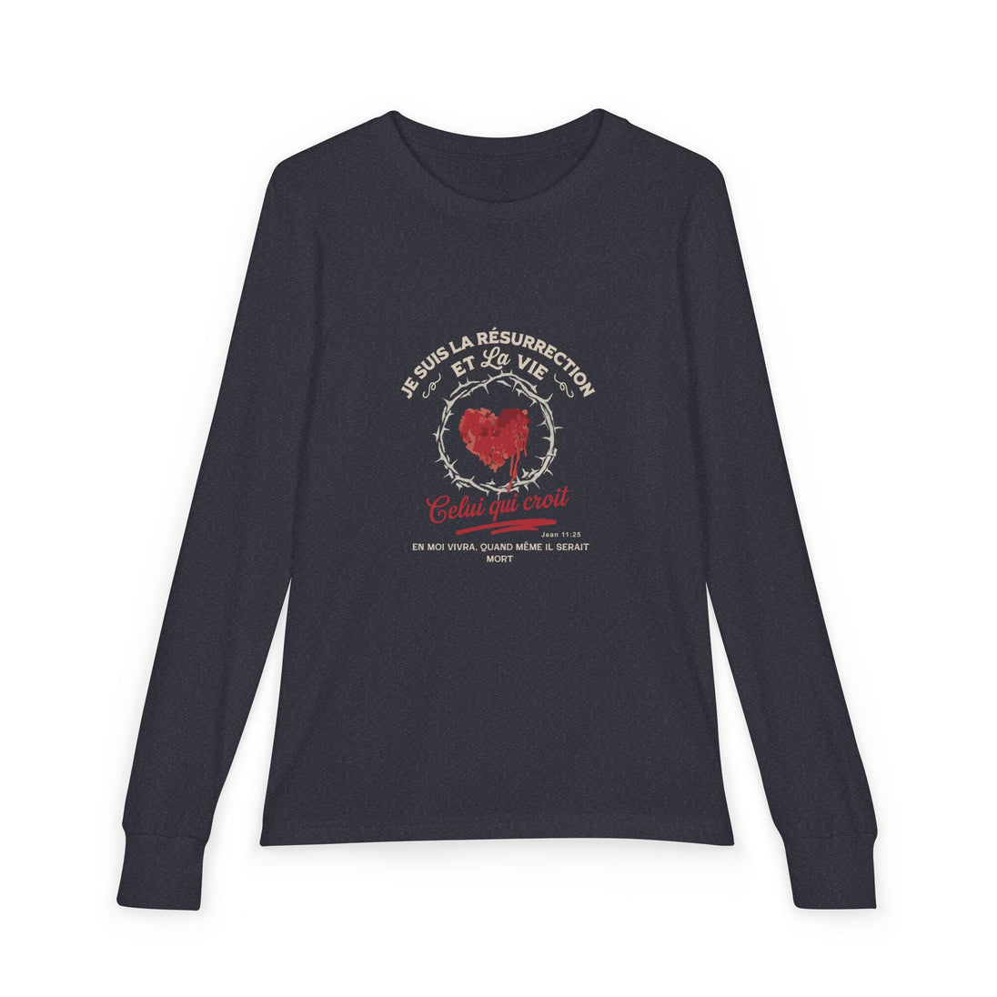 T-shirt gris à manches longues pour enfant avec un motif religieux centré sur la poitrine.
