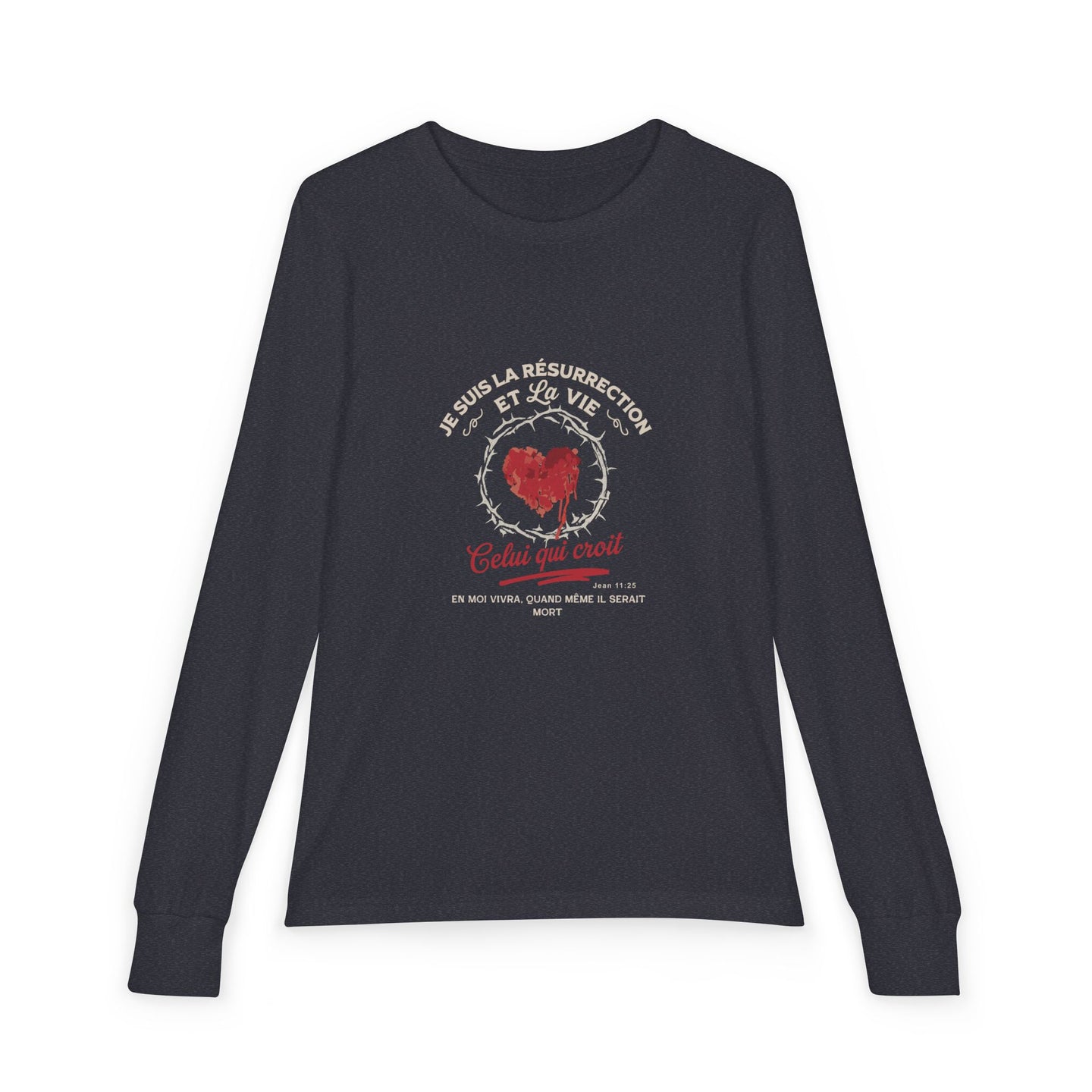 T-shirt gris à manches longues pour enfant avec un motif religieux centré sur la poitrine.