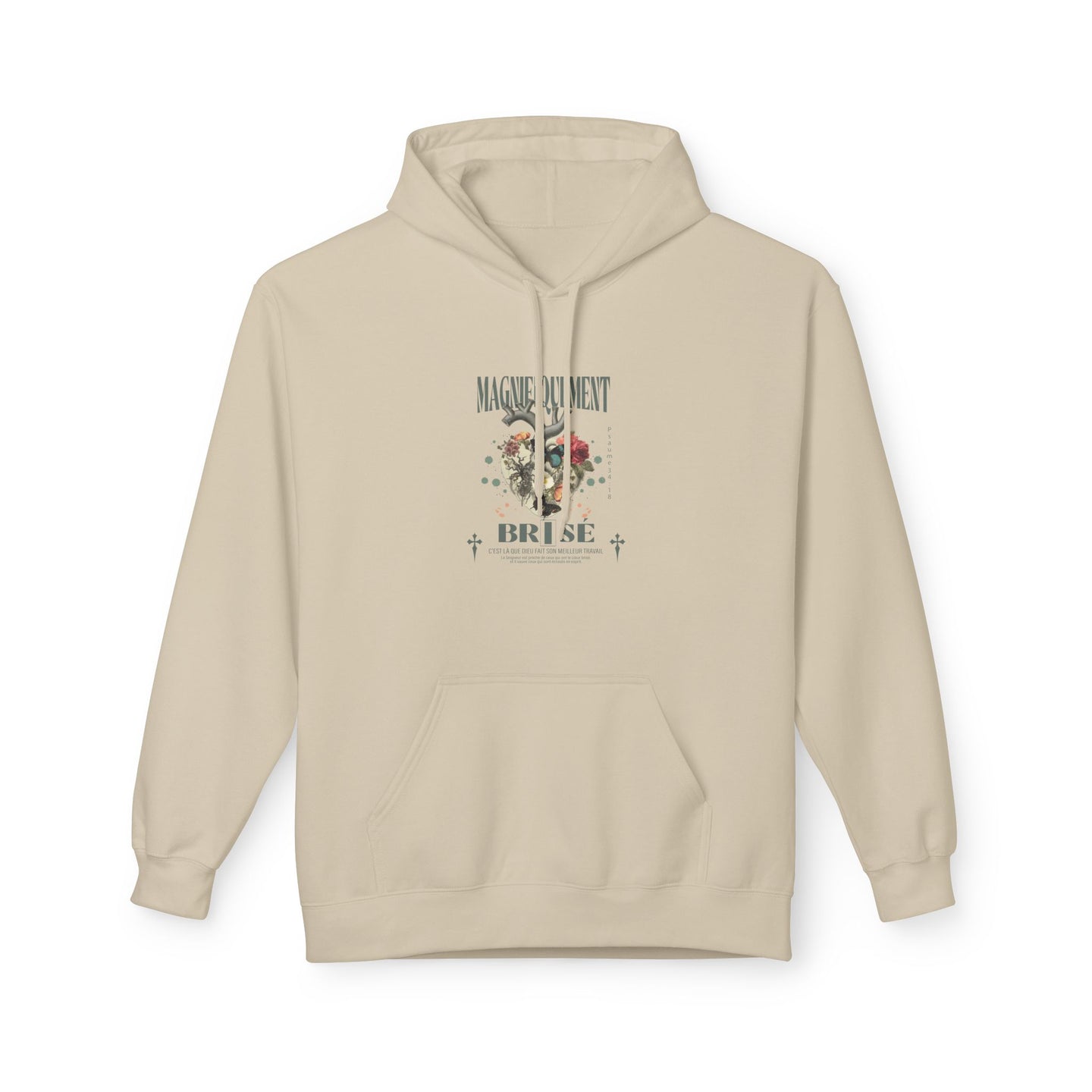 Sweat à capuche beige avec un motif floral en forme de cœur et une inscription religieuse.