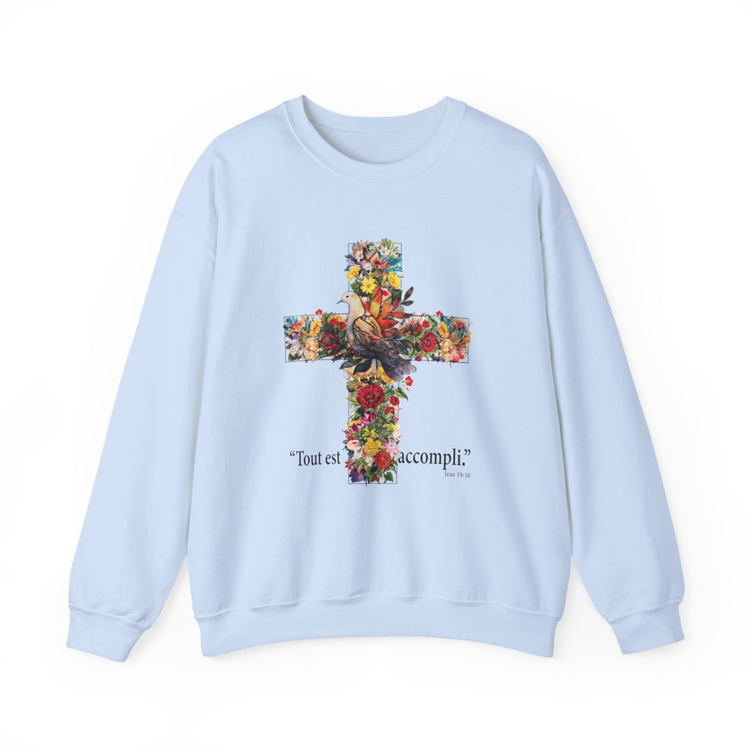 Sweat-shirt bleu clair avec une croix florale, une colombe et l'inscription Tout est accompli.