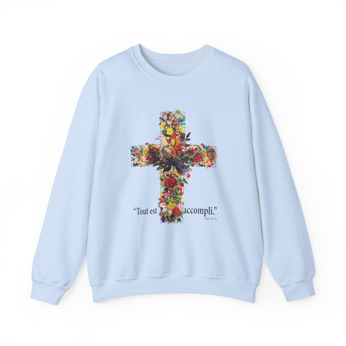 Sweat-shirt bleu clair avec une croix florale, une colombe et l'inscription Tout est accompli.