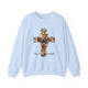 Sweat-shirt bleu clair avec une croix florale, une colombe et l'inscription Tout est accompli.