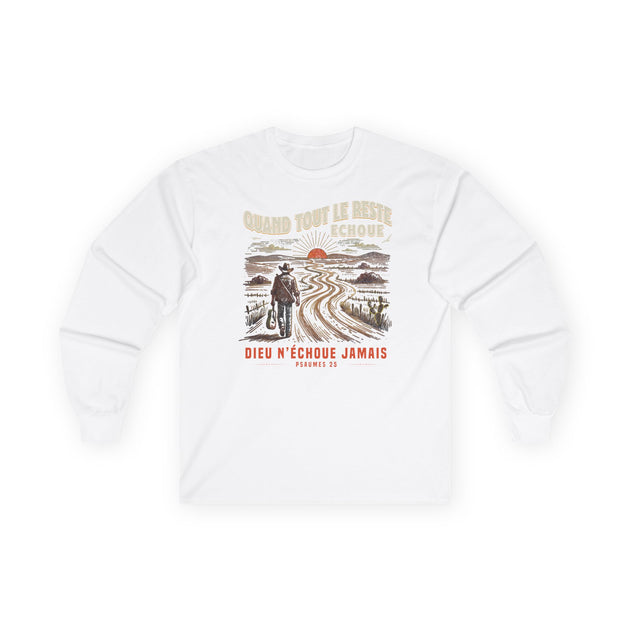 T-shirt blanc à manches longues pour homme avec une illustration de cow-boy et un texte religieux.