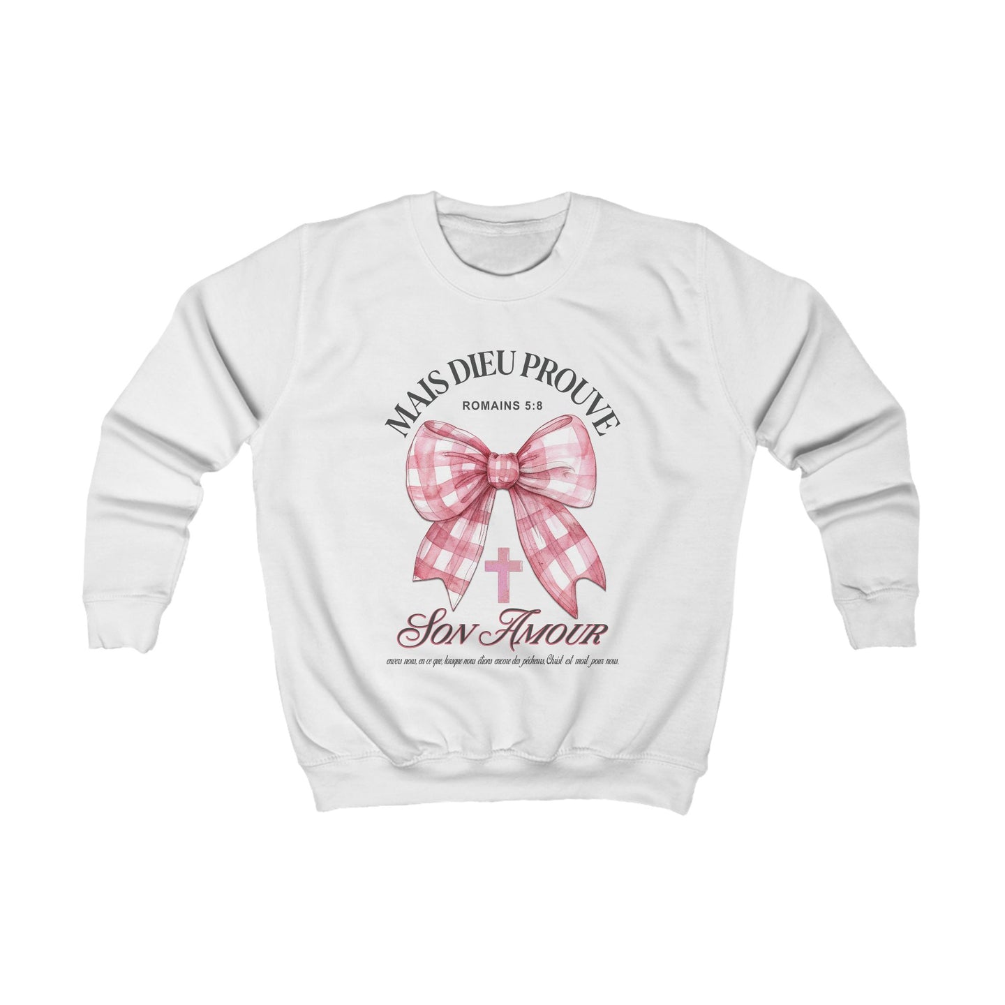 Sweat-shirt blanc pour enfant avec un nœud vichy rose, une croix et le texte Mais Dieu Prouve.