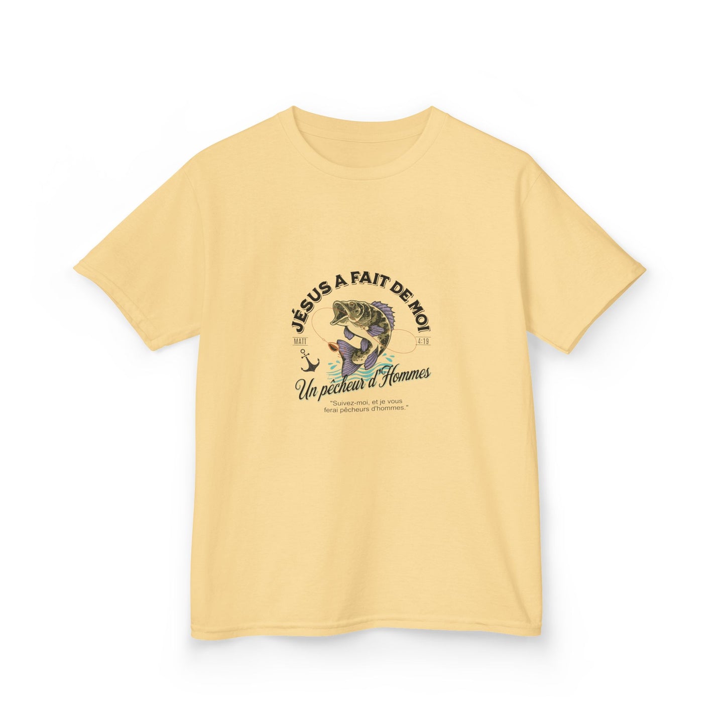 T-shirt jaune pour enfant avec une illustration de poisson et un texte religieux en français.