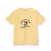 T-shirt jaune pour enfant avec une illustration de poisson et un texte religieux en français.