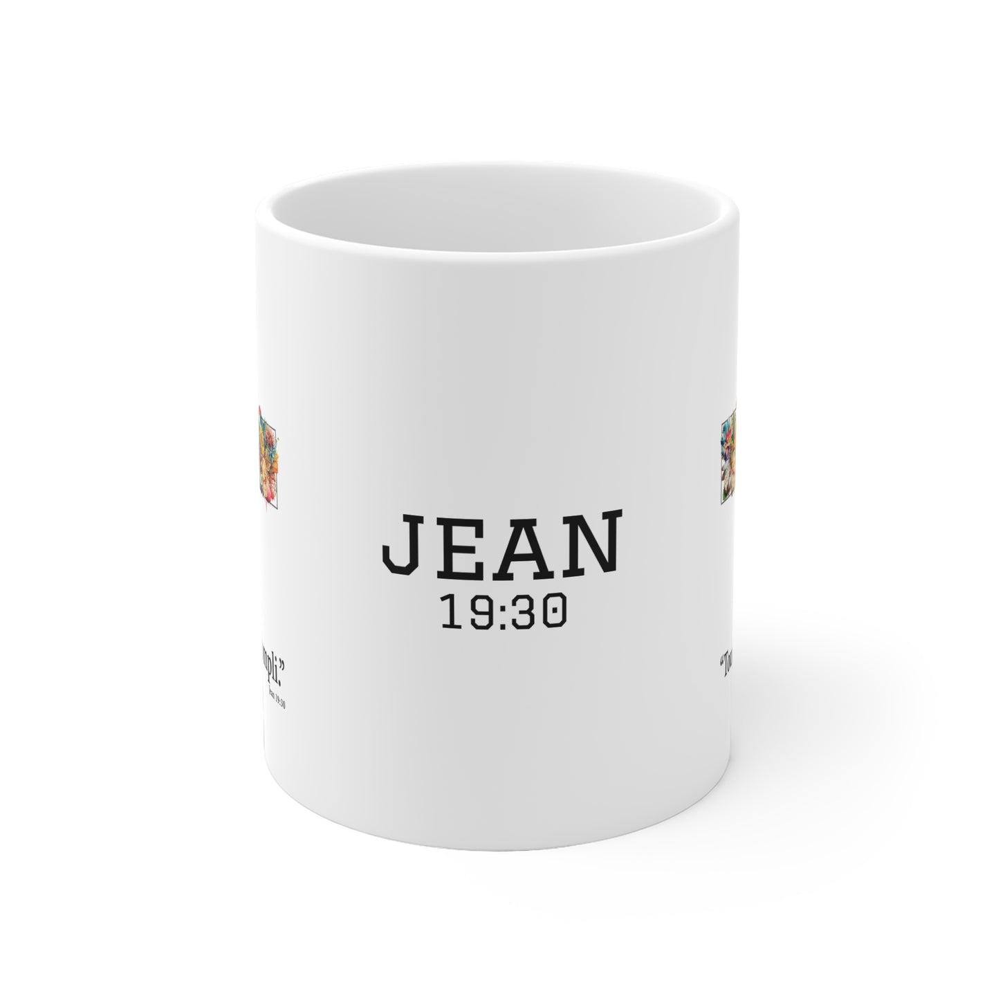 Mug blanc en céramique avec l'inscription Jean 19:30 et un motif floral.