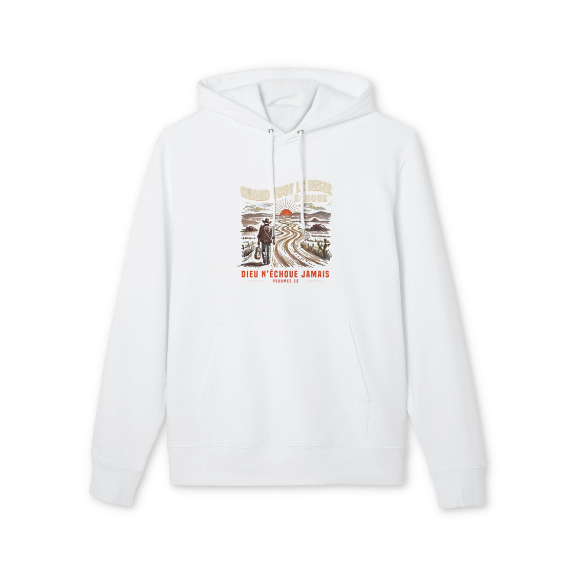 Sweat à capuche blanc en coton avec une illustration de cowboy et un texte religieux en français.