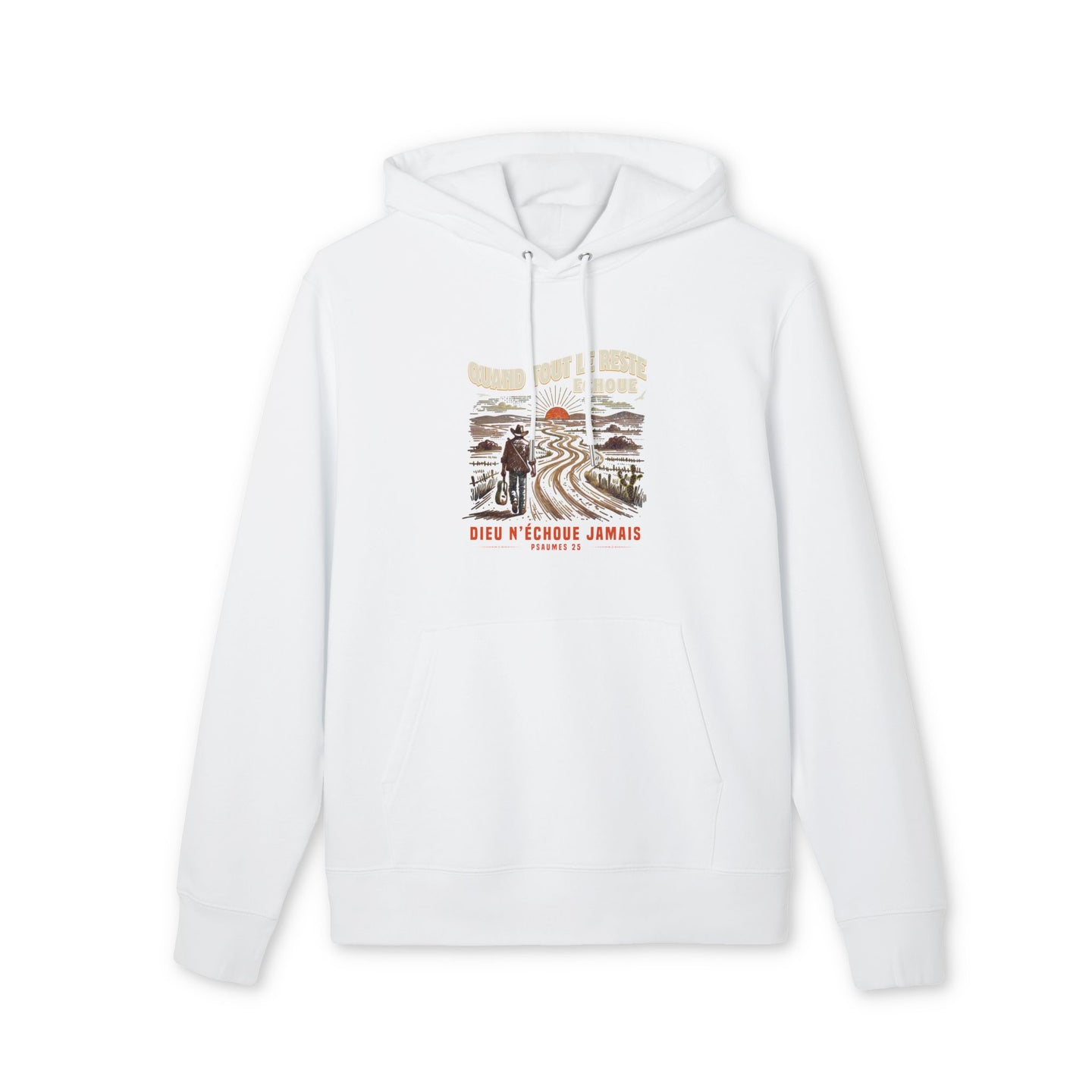 Sweat à capuche blanc en coton avec une illustration de cowboy et un texte religieux en français.
