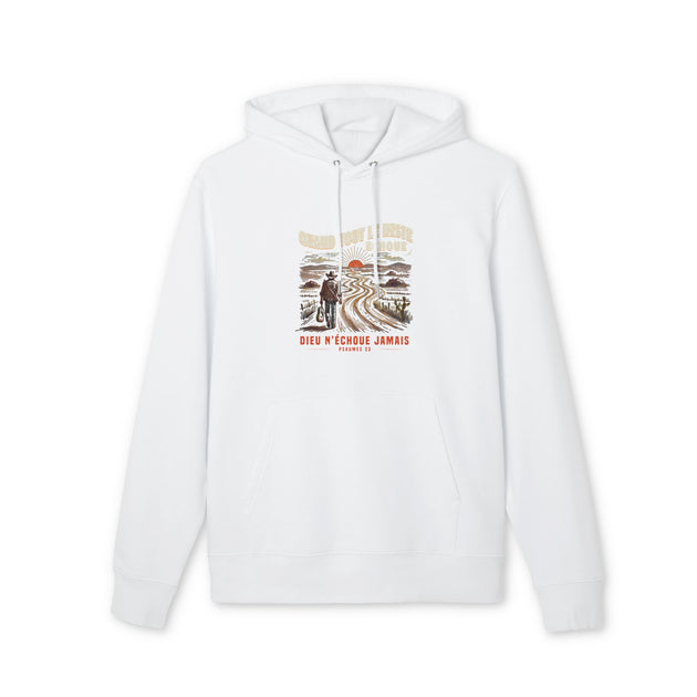 Sweat à capuche blanc en coton avec une illustration de cowboy et un texte religieux en français.