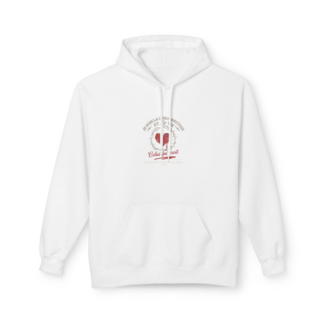 Sweat à capuche blanc pour femme avec un motif religieux centré représentant un cœur.