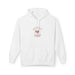 Sweat à capuche blanc pour femme avec un motif religieux centré représentant un cœur.