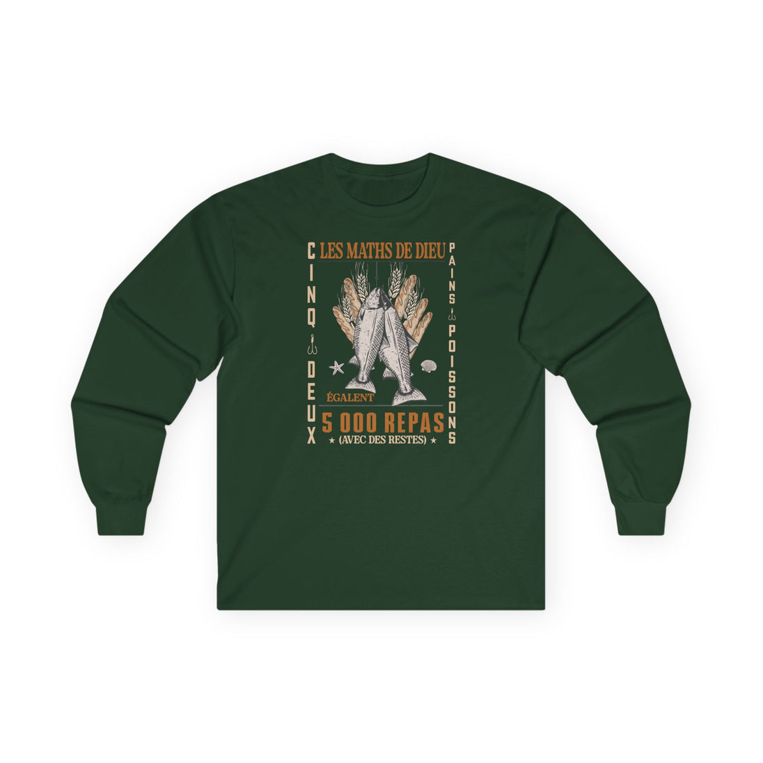 T-shirt à manches longues vert foncé avec une illustration chrétienne sur le thème des pains.