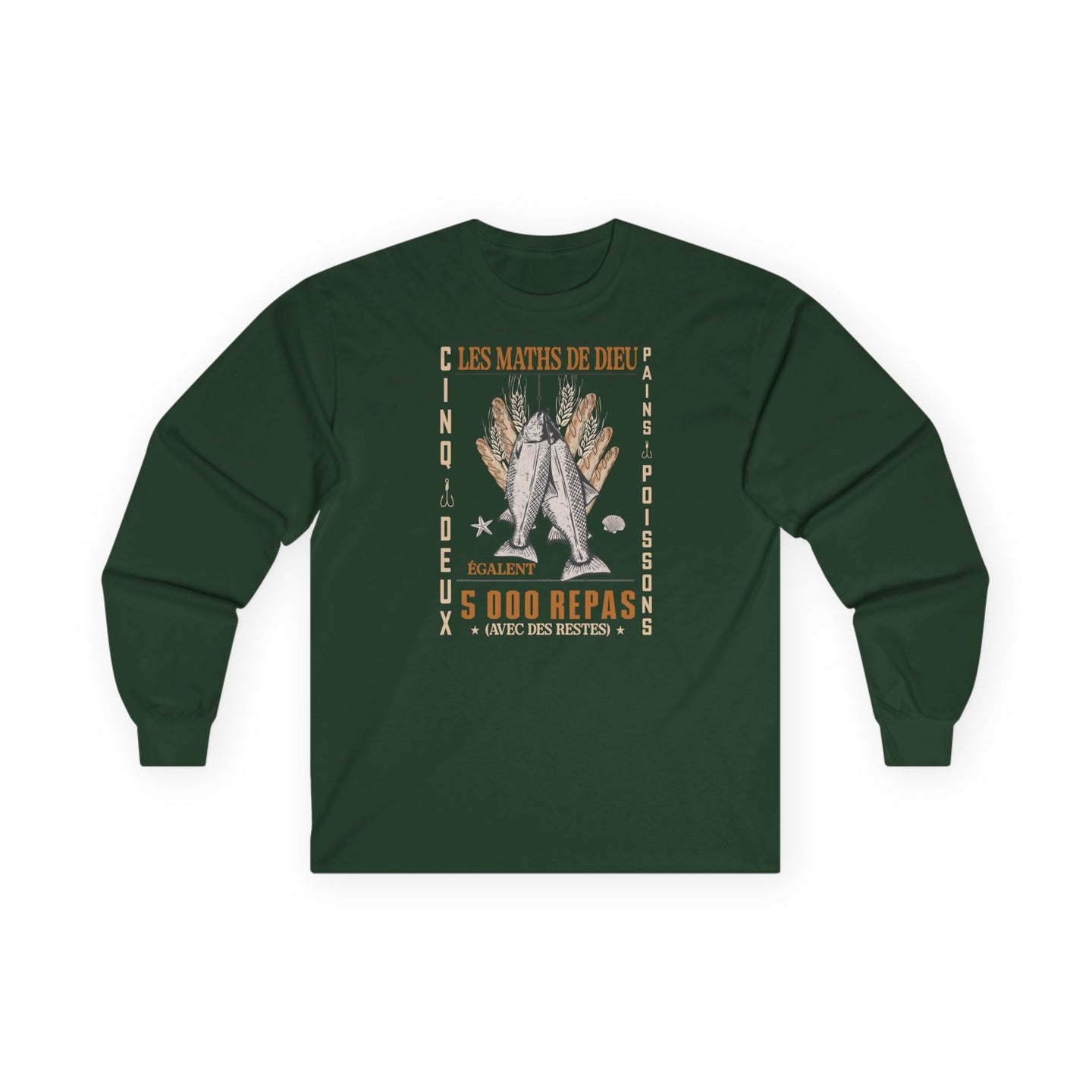 T-shirt à manches longues vert foncé avec une illustration chrétienne sur le thème des pains.