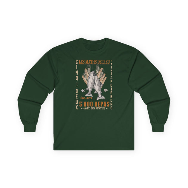 T-shirt à manches longues vert foncé avec une illustration chrétienne sur le thème des pains.