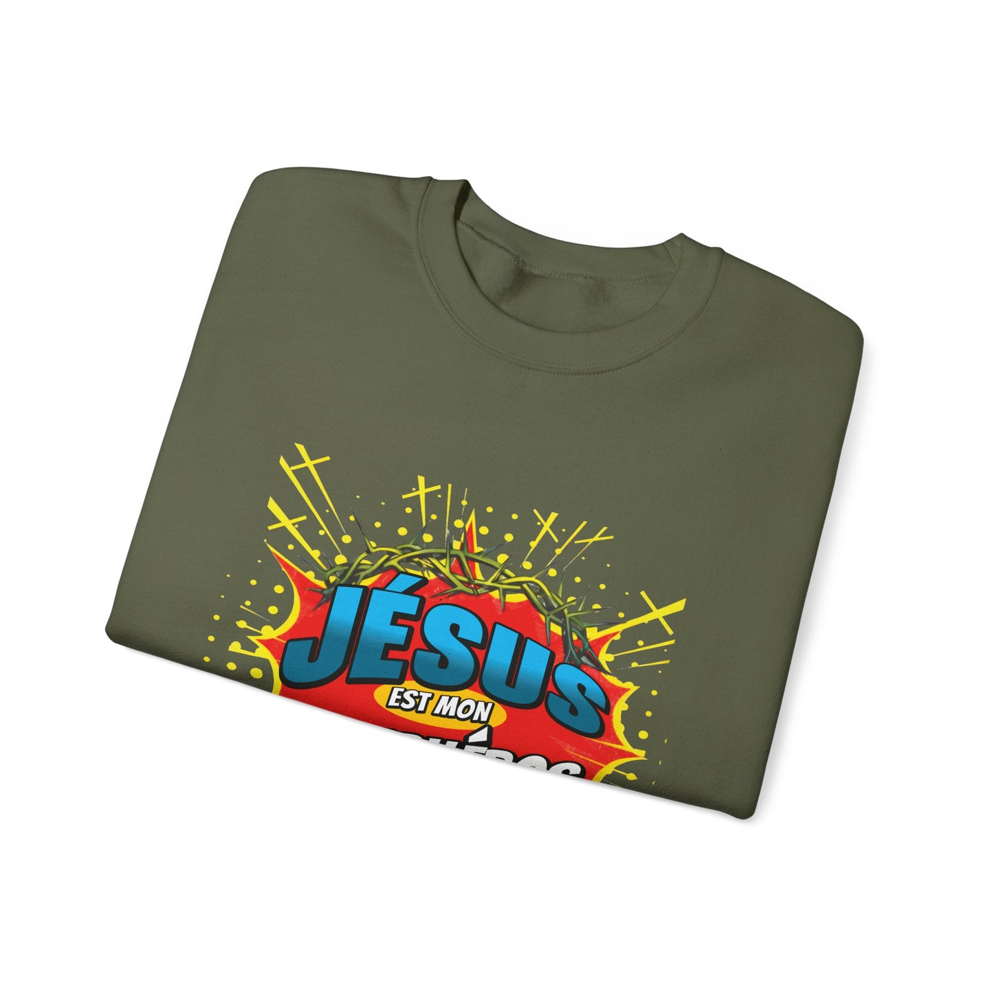 Sweat-shirt vert olive avec un motif style bande dessinée représentant Jésus et une couronne.