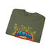 Sweat-shirt vert olive avec un motif style bande dessinée représentant Jésus et une couronne.