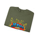 Sweat-shirt vert olive avec un motif style bande dessinée représentant Jésus et une couronne.