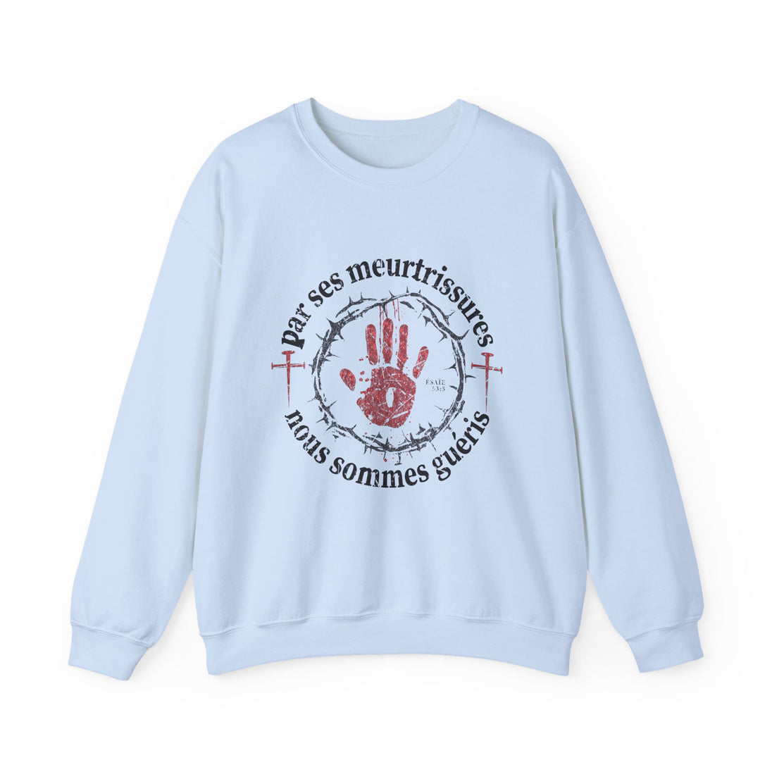 Sweat-shirt blanc à col rond avec une impression religieuse centrée sur le thème de la guérison.