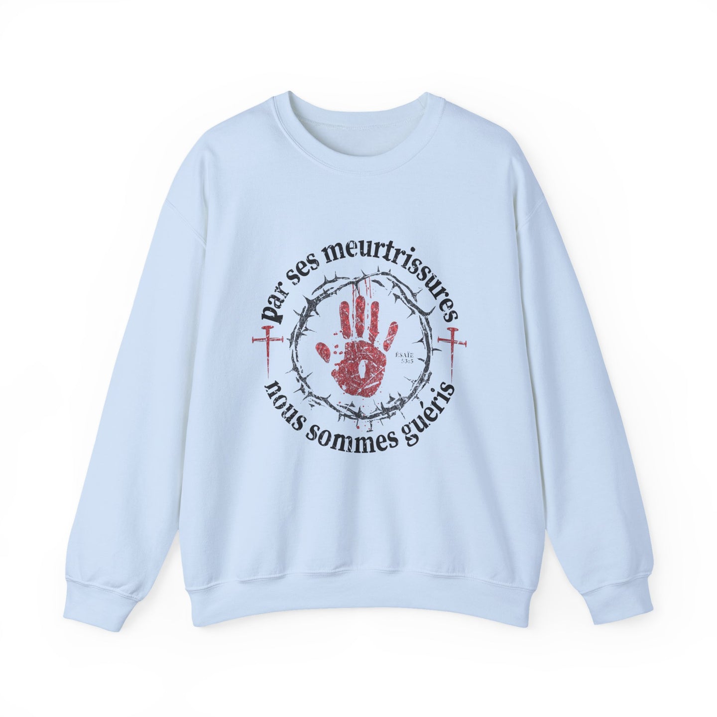 Sweat-shirt blanc à col rond avec une impression religieuse centrée sur le thème de la guérison.