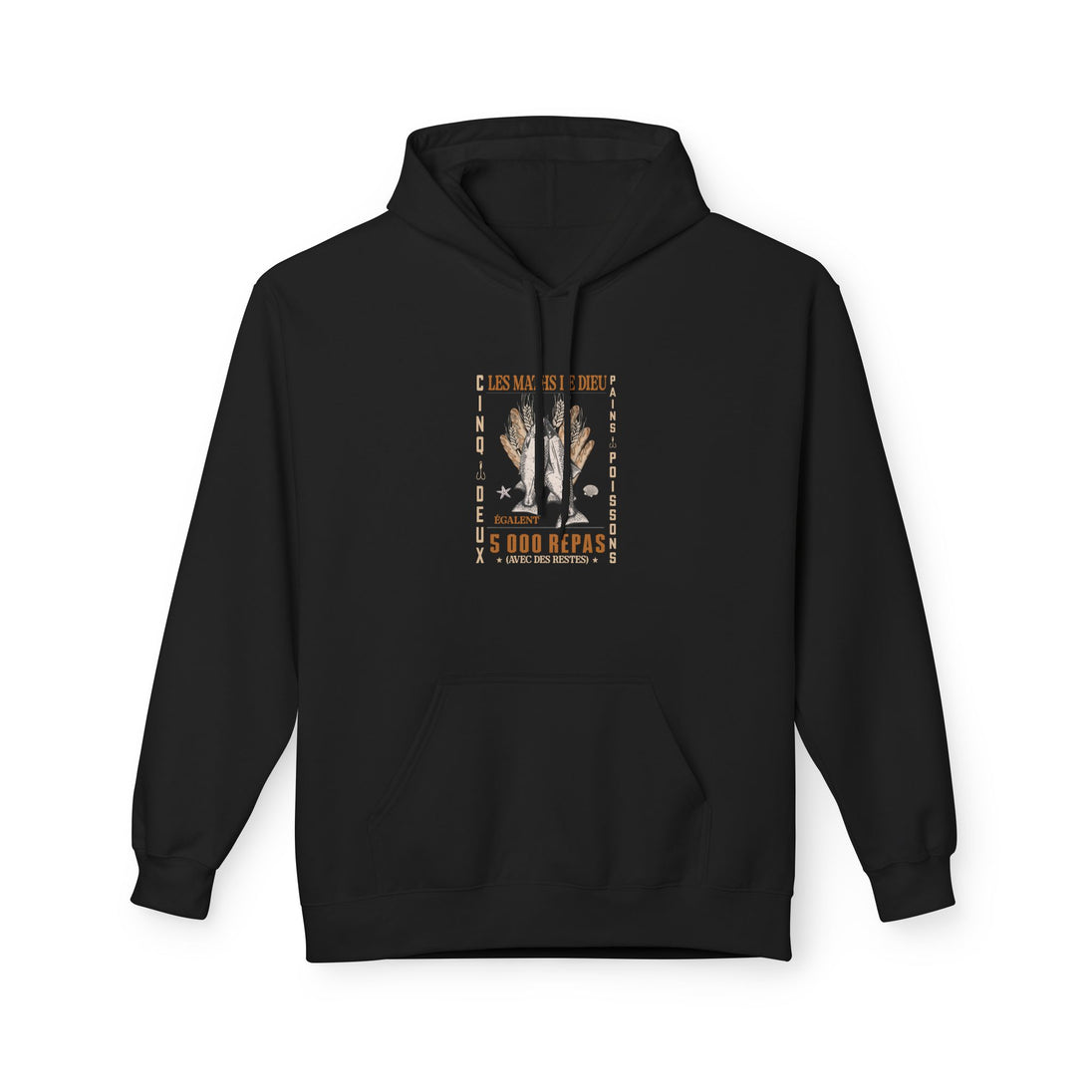 Sweat à capuche noir pour femme avec une illustration graphique sur le thème des pains et poissons.