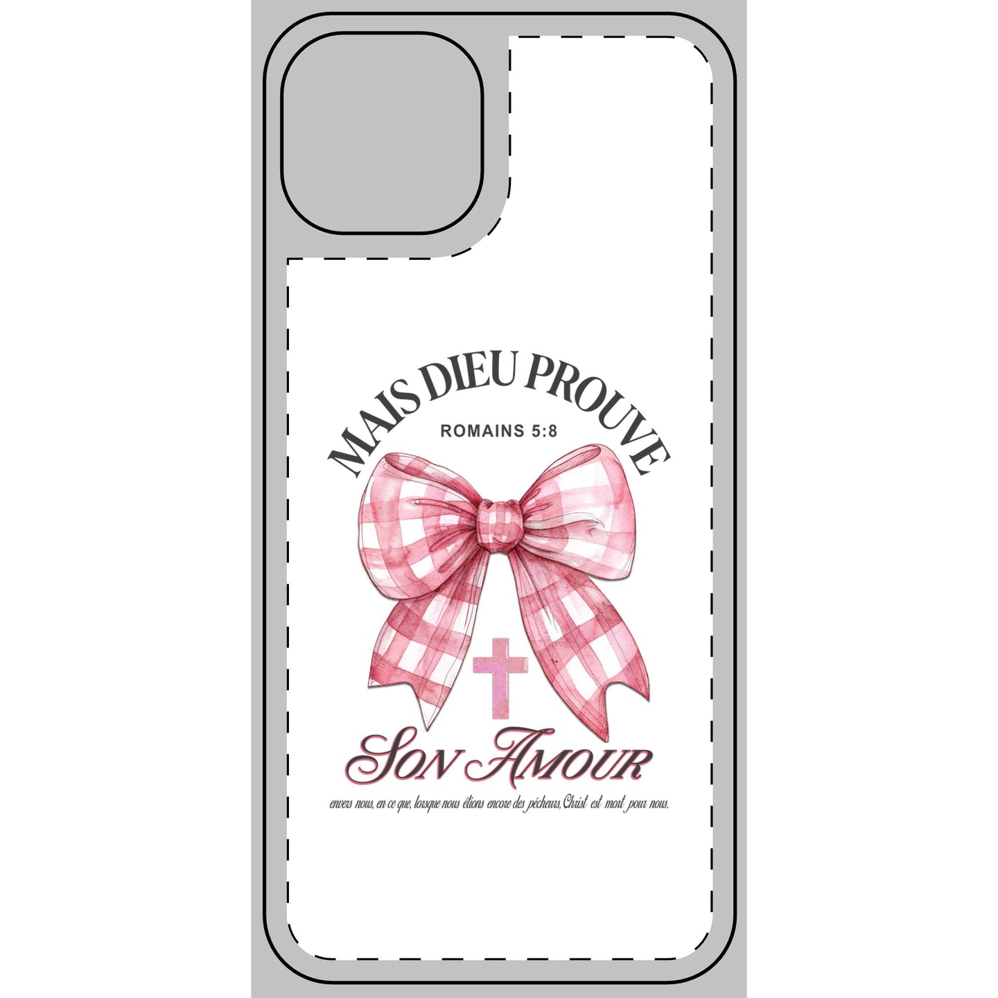 Coque de téléphone blanche ornée d'un nœud vichy rose, d'une croix et du verset Romains 5:8.