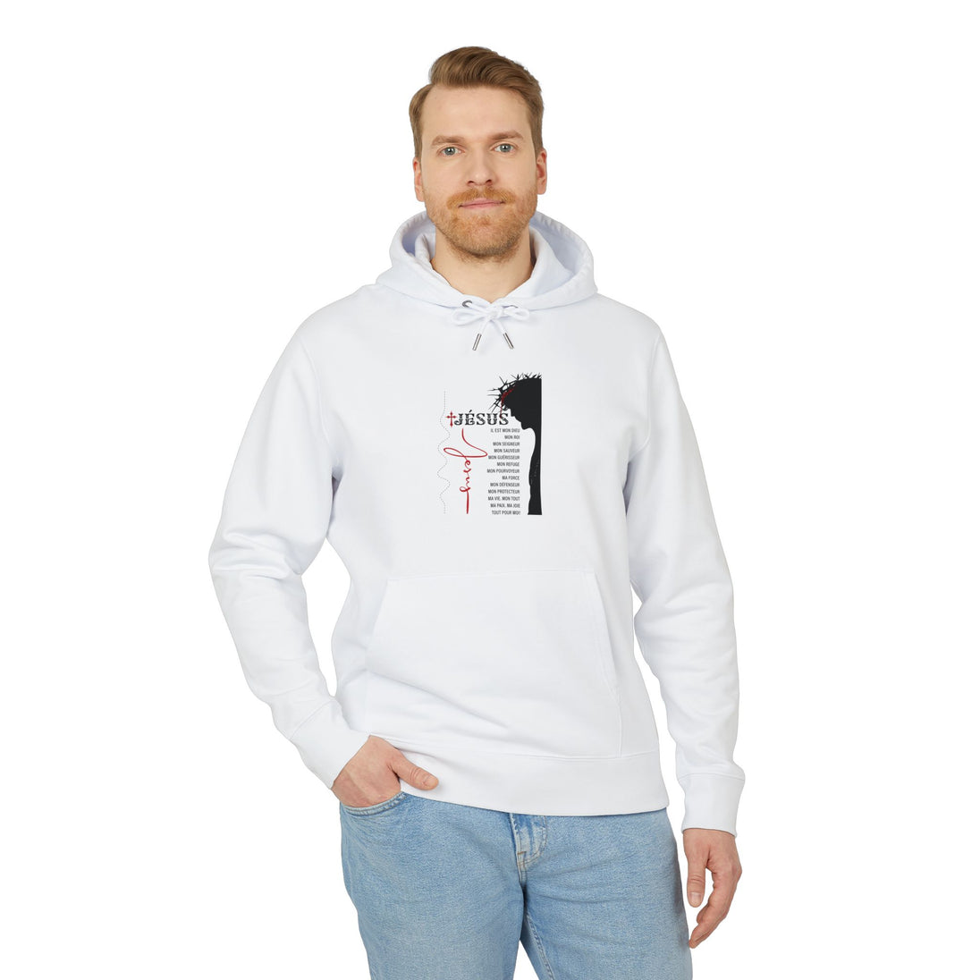 Sweat à capuche blanc pour homme avec motif Jésus et texte religieux en français.