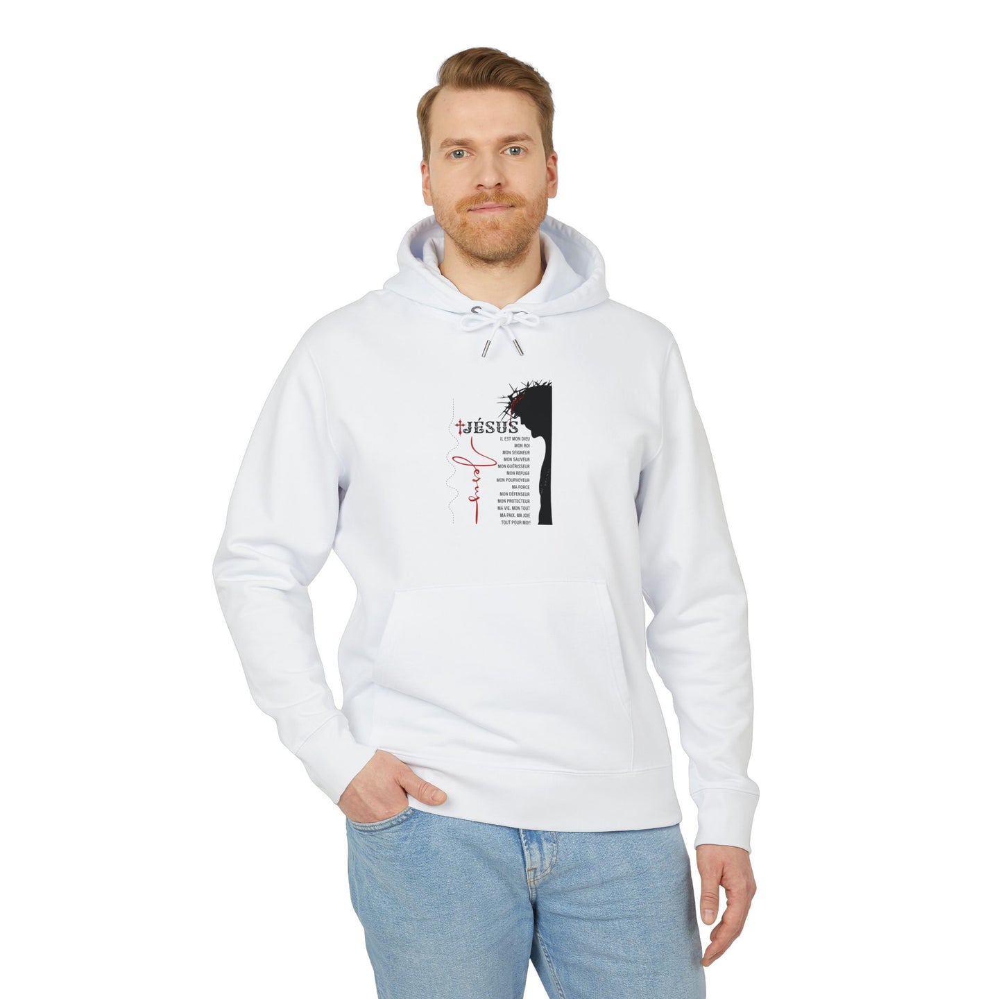 Sweat à capuche blanc pour homme avec motif Jésus et texte religieux en français.