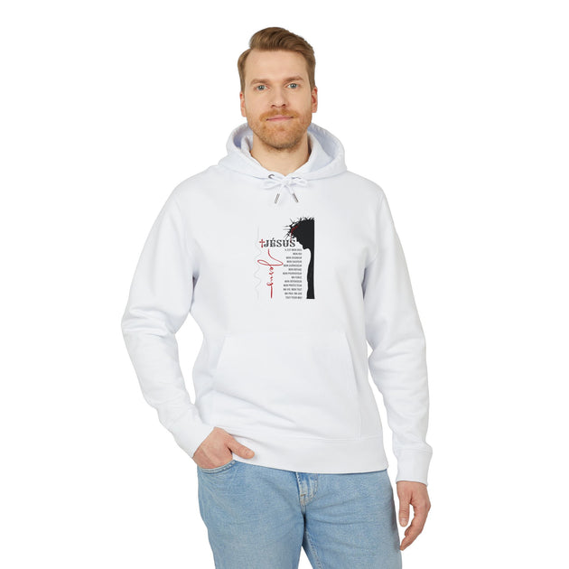 Sweat à capuche blanc pour homme avec motif Jésus et texte religieux en français.