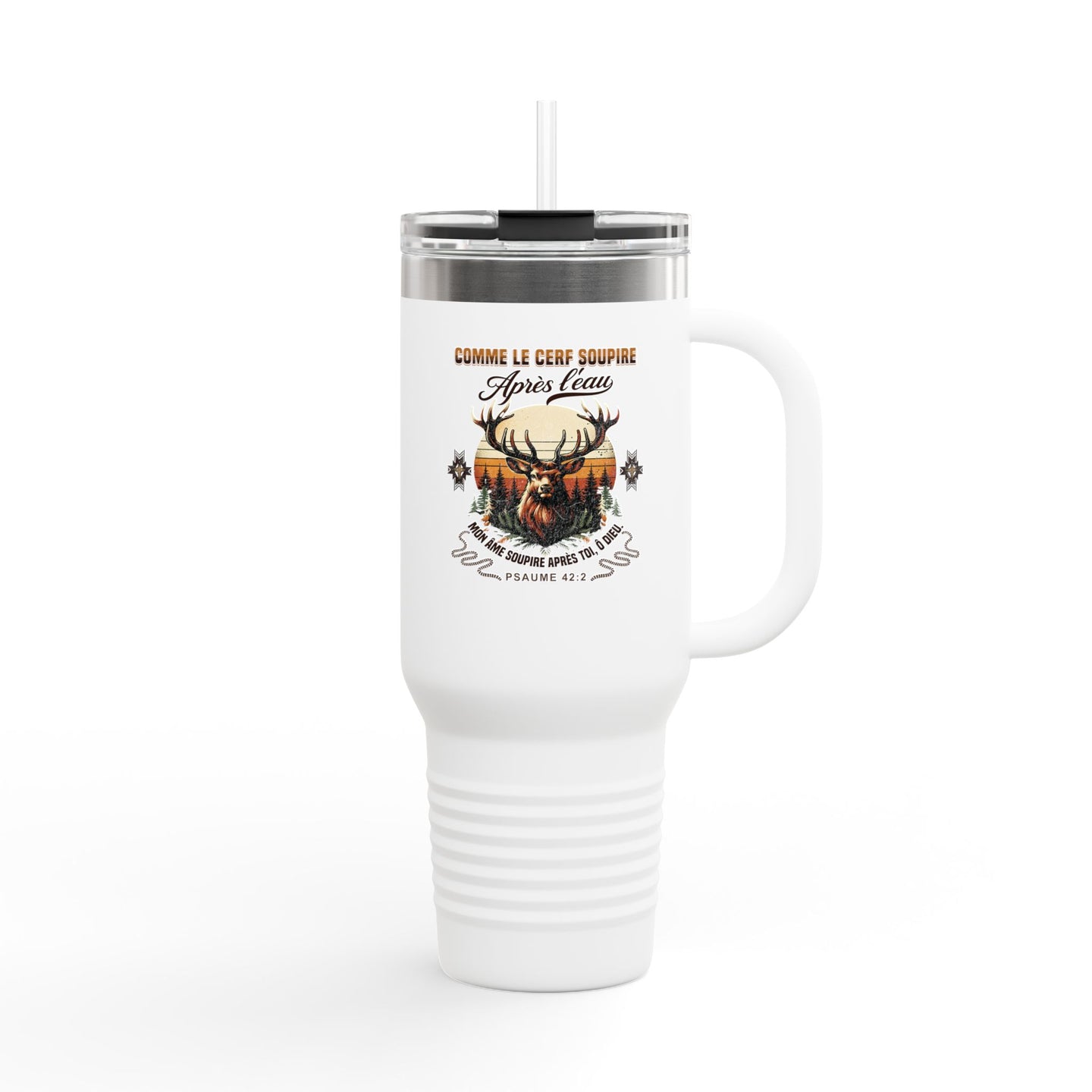 Mug de voyage blanc avec paille, orné d'un motif de cerf et du texte biblique Psaume 42:2.