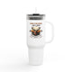 Mug de voyage blanc avec paille, orné d'un motif de cerf et du texte biblique Psaume 42:2.