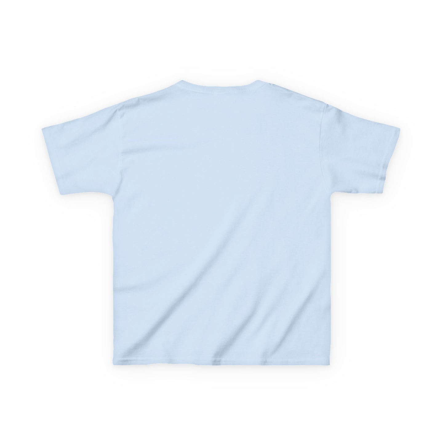 T-shirt pour enfant de couleur bleu clair, présenté de dos sur un fond blanc.