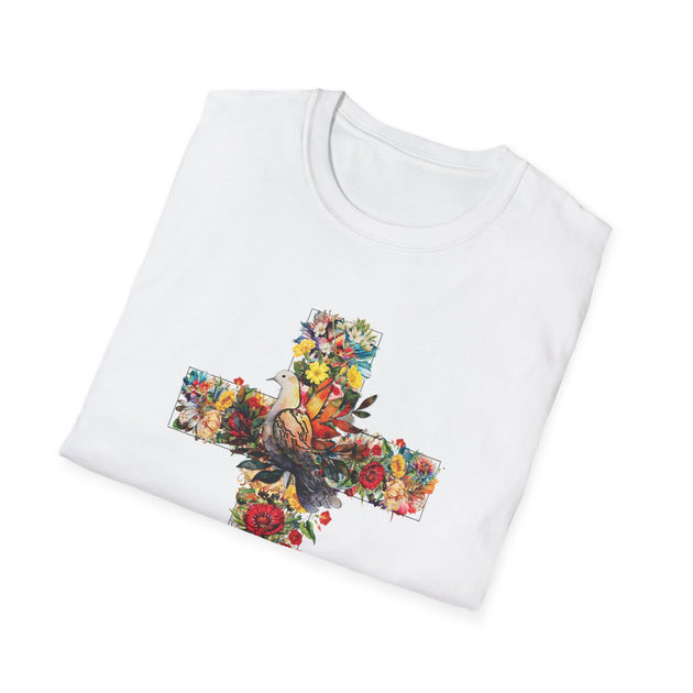 T-shirt blanc pour femme orné d'une croix fleurie avec une colombe en son centre.