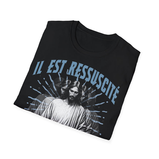 T-shirt noir pour homme avec une illustration de Jésus et l'inscription Il est ressuscité.