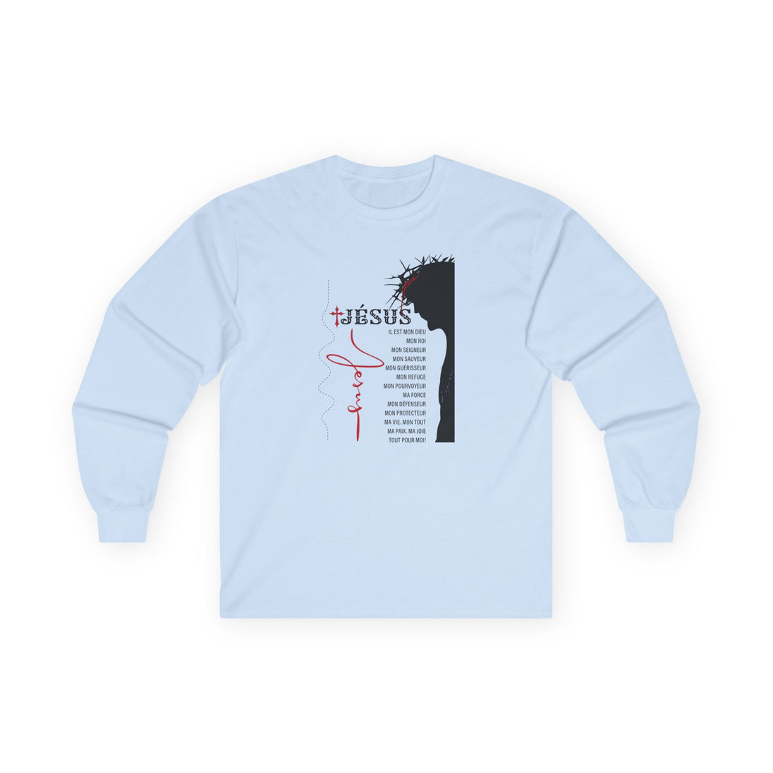 T-shirt bleu clair à manches longues avec une illustration religieuse et du texte en français.