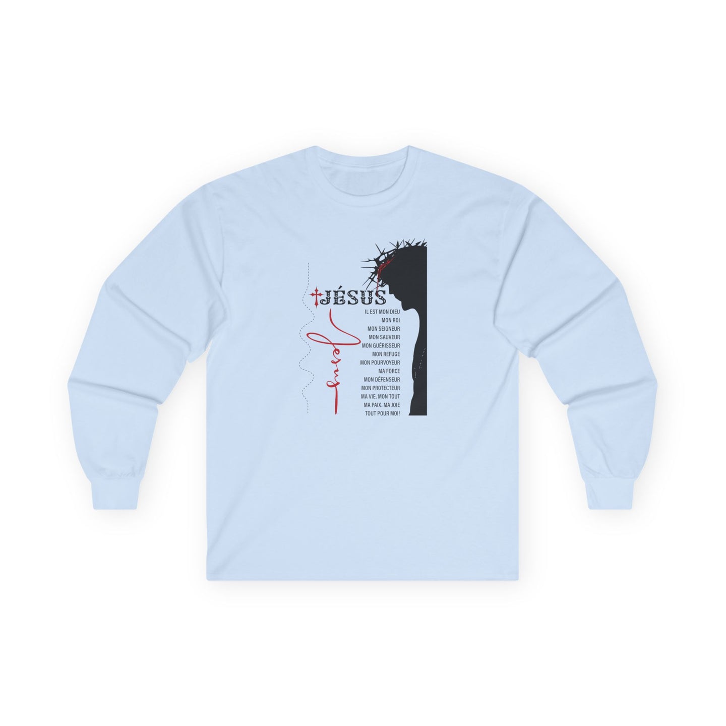 T-shirt bleu clair à manches longues avec une illustration religieuse et du texte en français.