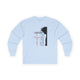 T-shirt bleu clair à manches longues avec une illustration religieuse et du texte en français.