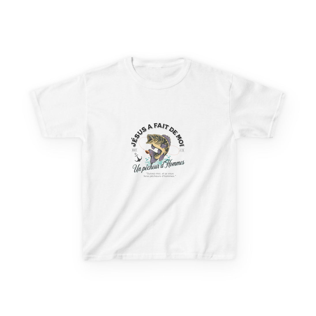 T-shirt blanc pour enfant avec une illustration de poisson et le texte Jésus a fait de moi.