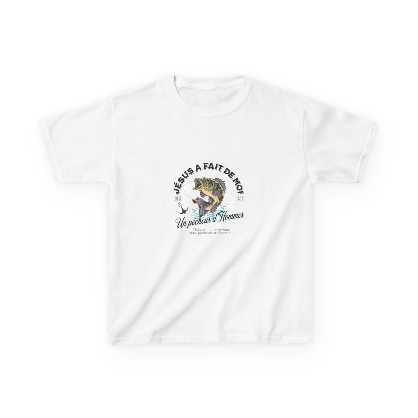 T-shirt blanc pour enfant avec une illustration de poisson et le texte Jésus a fait de moi.