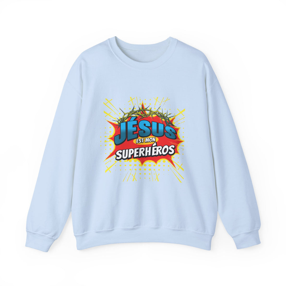 Sweatshirt bleu clair avec une illustration style comics représentant une couronne d'épines.